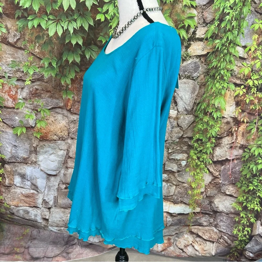 NWT SOFT SURROUNDINGS Scoop Neck 3/4 Sleeve Peacock Green Gauze Layered Blouse M - Picture 11 of 12